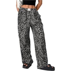 imageWomens Letter Leopard Print Straight Leg Pants Elastic Waist Y2K Trousers Bottoms with PocketsGrey