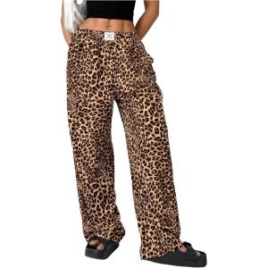imageWomens Letter Leopard Print Straight Leg Pants Elastic Waist Y2K Trousers Bottoms with PocketsKhaki