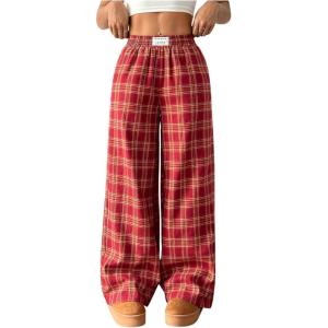 imageWomens Letter Leopard Print Straight Leg Pants Elastic Waist Y2K Trousers Bottoms with PocketsLight Red