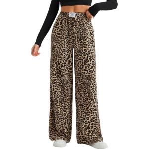 imageWomens Letter Leopard Print Straight Leg Pants Elastic Waist Y2K Trousers Bottoms with PocketsMix Brown