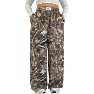 imageWomens Letter Leopard Print Straight Leg Pants Elastic Waist Y2K Trousers Bottoms with PocketsMix Green