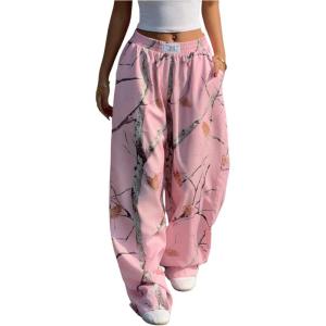 imageWomens Letter Leopard Print Straight Leg Pants Elastic Waist Y2K Trousers Bottoms with PocketsMix Pink