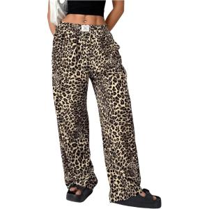 imageWomens Letter Leopard Print Straight Leg Pants Elastic Waist Y2K Trousers Bottoms with PocketsMulticolor