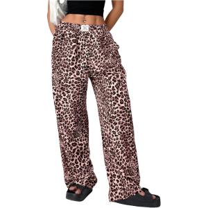 imageWomens Letter Leopard Print Straight Leg Pants Elastic Waist Y2K Trousers Bottoms with PocketsPink