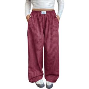 imageWomens Letter Leopard Print Straight Leg Pants Elastic Waist Y2K Trousers Bottoms with PocketsRed and White