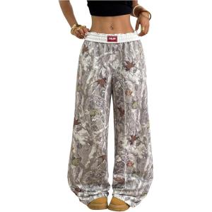 imageWomens Letter Leopard Print Straight Leg Pants Elastic Waist Y2K Trousers Bottoms with PocketsWhite