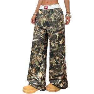 imageWomens Letter Leopard Print Straight Leg Pants Elastic Waist Y2K Trousers Bottoms with PocketsYellow and Green