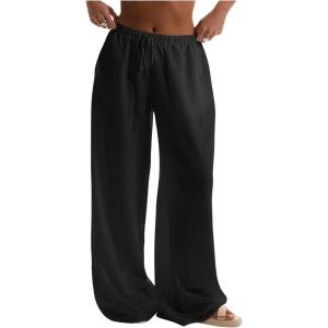 imageWomens Linen Pants Wide Leg Loose Cotton Swimsuit Coverups Summer Pants Beach Vacation OutfitsBlack
