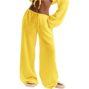 imageWomens Linen Pants Wide Leg Loose Cotton Swimsuit Coverups Summer Pants Beach Vacation OutfitsPure Yellow