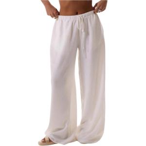 imageWomens Linen Pants Wide Leg Loose Cotton Swimsuit Coverups Summer Pants Beach Vacation OutfitsWhite