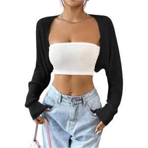 imageWomens Long Sleeve Open Front Crop Cardigan Drop Shoulder Bolero Shrug Lightweight SweaterBlack