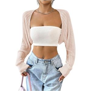 imageWomens Long Sleeve Open Front Crop Cardigan Drop Shoulder Bolero Shrug Lightweight SweaterLight Pink