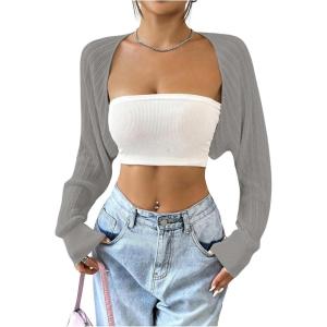 imageWomens Long Sleeve Open Front Crop Cardigan Drop Shoulder Bolero Shrug Lightweight SweaterSolid Grey