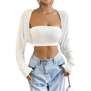imageWomens Long Sleeve Open Front Crop Cardigan Drop Shoulder Bolero Shrug Lightweight SweaterWhite
