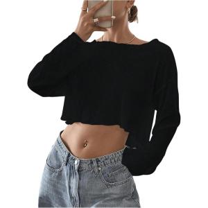 imageWomens Mesh Sheer Tops Drop Shoulder Lettuce Trim Crop Tops Loose Streetwear Long Sleeve Tee Shirt Going Out TopsBlack