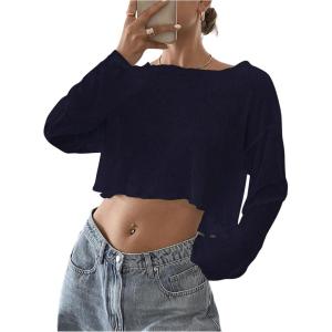 imageWomens Mesh Sheer Tops Drop Shoulder Lettuce Trim Crop Tops Loose Streetwear Long Sleeve Tee Shirt Going Out TopsDeep Blue