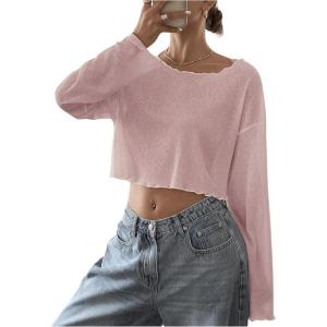 imageWomens Mesh Sheer Tops Drop Shoulder Lettuce Trim Crop Tops Loose Streetwear Long Sleeve Tee Shirt Going Out TopsPink
