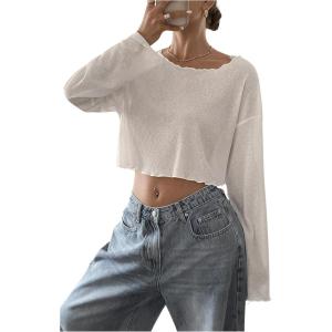imageWomens Mesh Sheer Tops Drop Shoulder Lettuce Trim Crop Tops Loose Streetwear Long Sleeve Tee Shirt Going Out TopsWhite