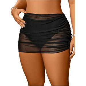 imageWomens Plus Size Drawstring Sheer Mesh Cover Up Skirt Ruched Side Cover UpsBlack