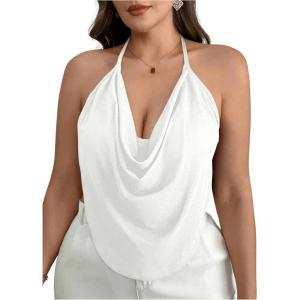 imageWomens Plus Size Halter Tops for Women Draped Cowl Neck Sleeveless Asymmetrical Crop Low Cut Cami TopsBeige