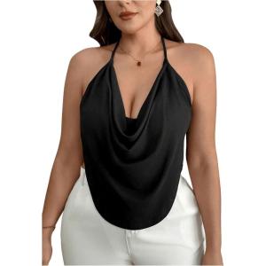 imageWomens Plus Size Halter Tops for Women Draped Cowl Neck Sleeveless Asymmetrical Crop Low Cut Cami TopsBlack