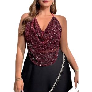 imageWomens Plus Size Halter Tops for Women Draped Cowl Neck Sleeveless Asymmetrical Crop Low Cut Cami TopsBurgundy