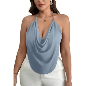 imageWomens Plus Size Halter Tops for Women Draped Cowl Neck Sleeveless Asymmetrical Crop Low Cut Cami TopsDusty Blue