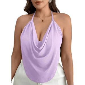 imageWomens Plus Size Halter Tops for Women Draped Cowl Neck Sleeveless Asymmetrical Crop Low Cut Cami TopsMauve Purple