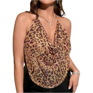 imageWomens Plus Size Halter Tops for Women Draped Cowl Neck Sleeveless Asymmetrical Crop Low Cut Cami TopsMulticolor