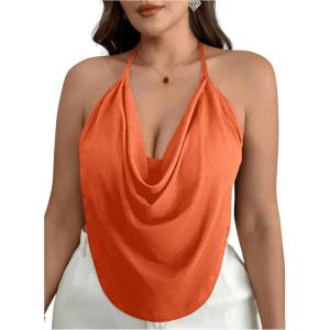 imageWomens Plus Size Halter Tops for Women Draped Cowl Neck Sleeveless Asymmetrical Crop Low Cut Cami TopsOrange