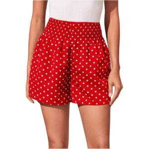 imageWomens Polka Dots Print Color Block Shorts Shirred Waistband Wide Leg Mini ShortsRed