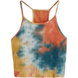 imageWomens Ribbed Knit Tie Dye Camisole Top Sleeveless Slim Fit Crop Tops Y2K Cami Streetwear Women ShirtsOrange Green