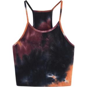 imageWomens Ribbed Knit Tie Dye Camisole Top Sleeveless Slim Fit Crop Tops Y2K Cami Streetwear Women ShirtsPurple Orange
