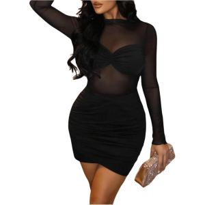 imageWomens See Through Summer Dresses Mock Neck Long Sleeve Mini Dress Party Bodycon Pencil DressesBlack