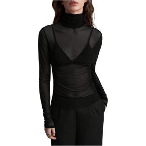 imageWomens Sheer Mesh High Neck T Shirts Long Sleeve Slim Fit Tee Tops ClubwearBlack