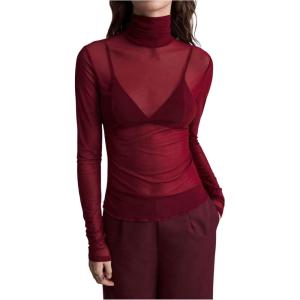 imageWomens Sheer Mesh High Neck T Shirts Long Sleeve Slim Fit Tee Tops ClubwearBurgundy