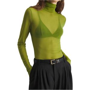 imageWomens Sheer Mesh High Neck T Shirts Long Sleeve Slim Fit Tee Tops ClubwearGreen
