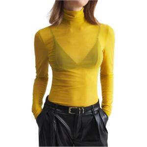 imageWomens Sheer Mesh High Neck T Shirts Long Sleeve Slim Fit Tee Tops ClubwearYellow