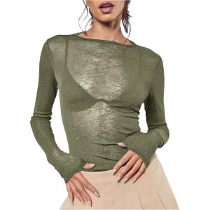 imageWomens Sheer Mesh Long Sleeve T Shirts Boat Neck Slim Fit Tee Tops Going Out See Through ShirtsArmy Green