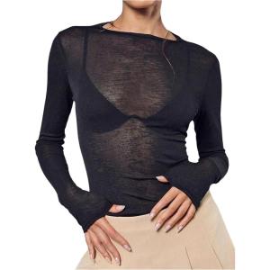 imageWomens Sheer Mesh Long Sleeve T Shirts Boat Neck Slim Fit Tee Tops Going Out See Through ShirtsBlack