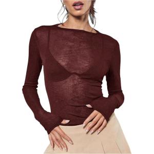 imageWomens Sheer Mesh Long Sleeve T Shirts Boat Neck Slim Fit Tee Tops Going Out See Through ShirtsBurgundy