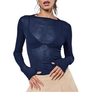 imageWomens Sheer Mesh Long Sleeve T Shirts Boat Neck Slim Fit Tee Tops Going Out See Through ShirtsDark Blue