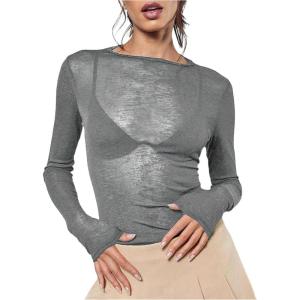 imageWomens Sheer Mesh Long Sleeve T Shirts Boat Neck Slim Fit Tee Tops Going Out See Through ShirtsGrey