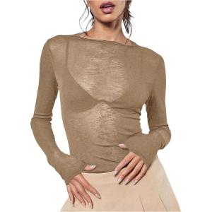imageWomens Sheer Mesh Long Sleeve T Shirts Boat Neck Slim Fit Tee Tops Going Out See Through ShirtsKhaki