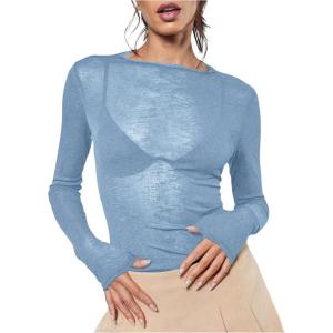imageWomens Sheer Mesh Long Sleeve T Shirts Boat Neck Slim Fit Tee Tops Going Out See Through ShirtsLight Blue