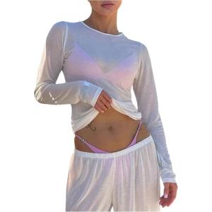imageWomens Sheer Mesh Long Sleeve T Shirts Boat Neck Slim Fit Tee Tops Going Out See Through ShirtsWhite