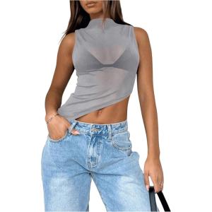 imageWomens Sheer Mesh Mock Neck Tank Tops Sleeveless Asymmetrical Hem Crop Tops ClubwearGrey