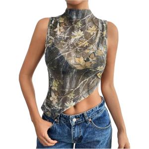 imageWomens Sheer Mesh Mock Neck Tank Tops Sleeveless Asymmetrical Hem Crop Tops ClubwearMulticolor