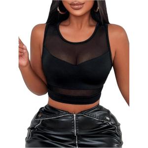 imageWomens Sheer Mesh Sleeveless Tank Top Slim Fit Crew Neck Crop Tops Party Club TopsBlack