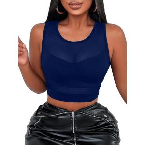 imageWomens Sheer Mesh Sleeveless Tank Top Slim Fit Crew Neck Crop Tops Party Club TopsDeep Blue
